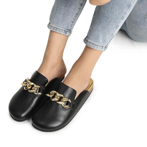 Non-Slip Metal Chain Slippers - BLACK PU - 1